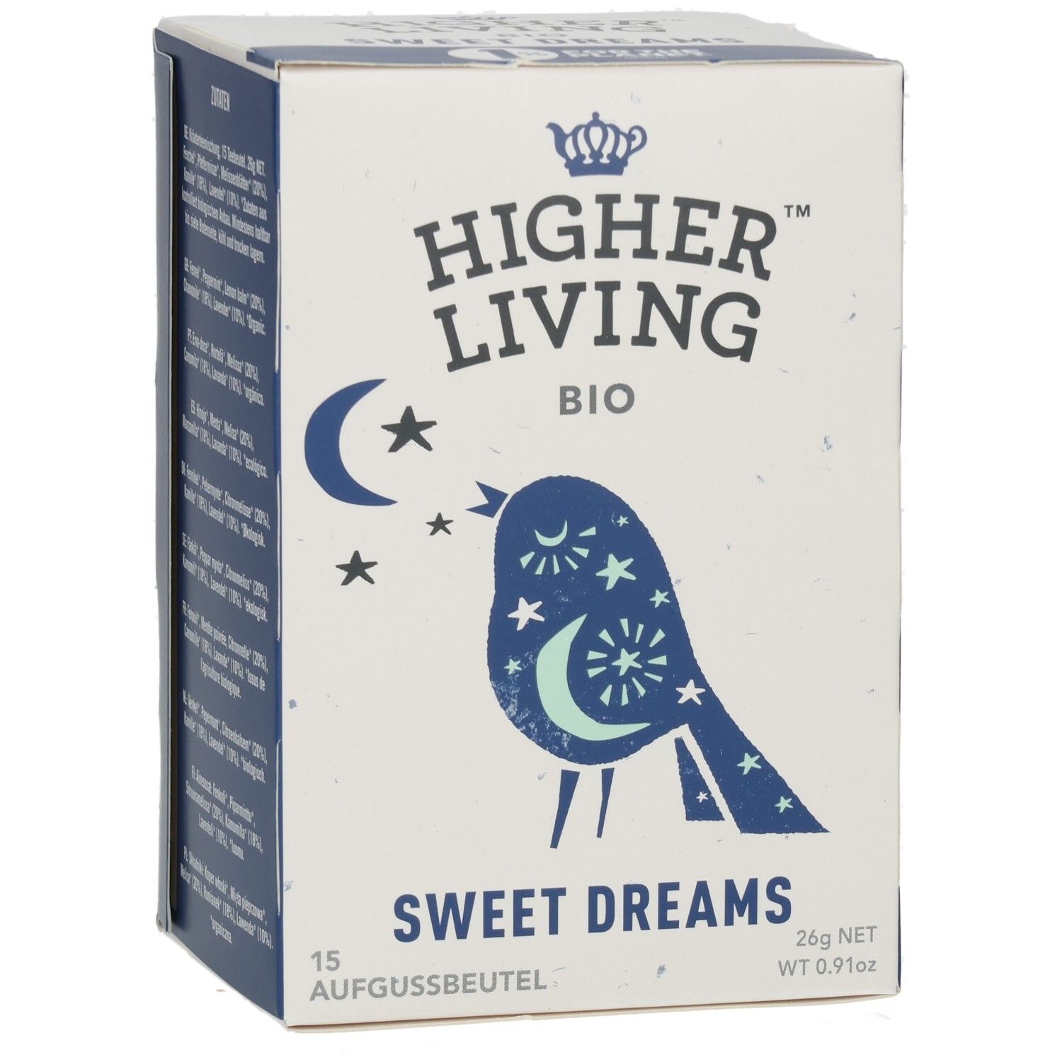 Boîte avec logo: Higher Living BIO. Motif: oiseau avec lune et étoiles. Texte: Sweet Dreams. 15 sachets. 26g NET.