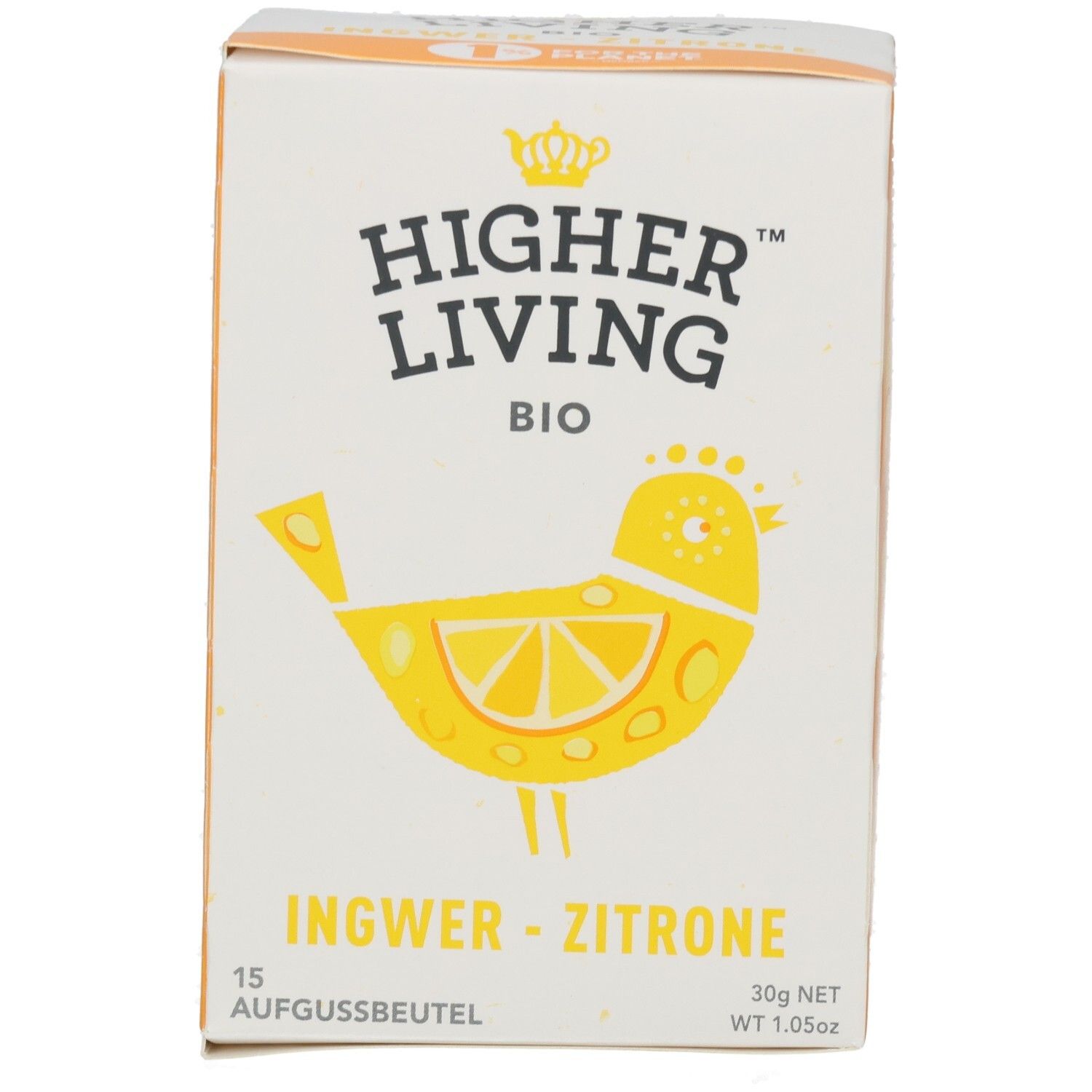Karton mit Aufgussbeuteln. Aufschrift: Higher Living BIO Ingwer-Zitrone. Gelbes Vogel-Design mit Zitrone. 15 Beutel.