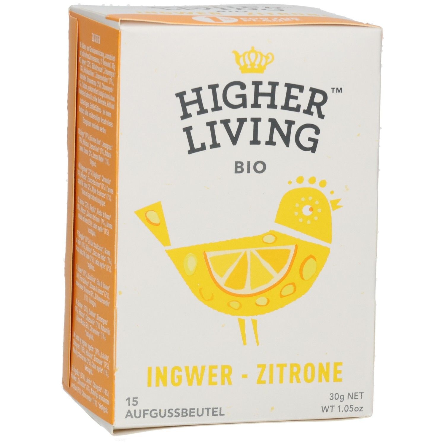 Karton mit Aufgussbeuteln. Aufschrift: Higher Living BIO Ingwer-Zitrone. Gelbes Vogel-Design mit Zitrone. 15 Beutel.