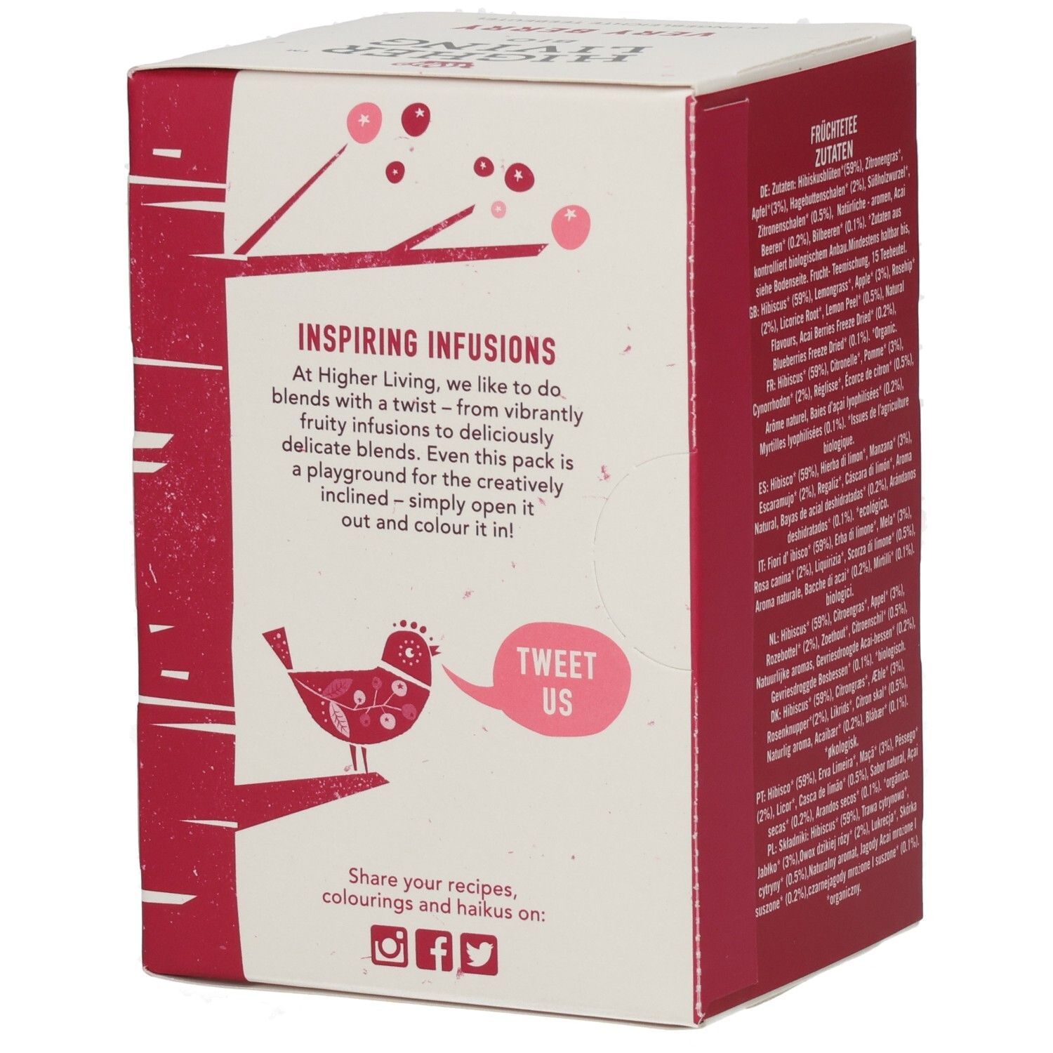 Kartonverpackung, Seite. Text: Inspiring Infusions, Tweet us, Social Media Icons. Logo: Higher Living Bio. Motiv: Roter Vogel.