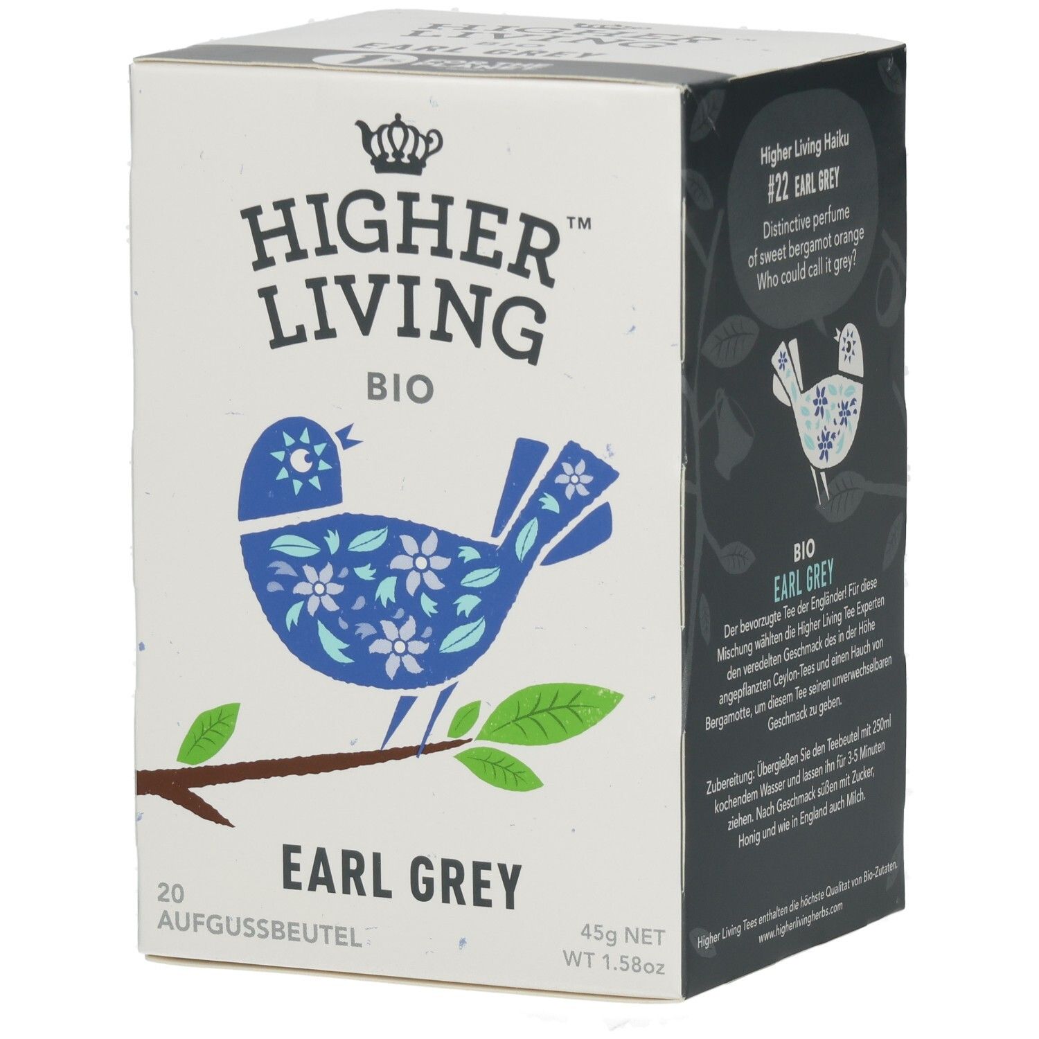 Kartonverpackung mit Aufdruck. Enthält "Higher Living BIO Earl Grey" und eine Vogel-Illustration.