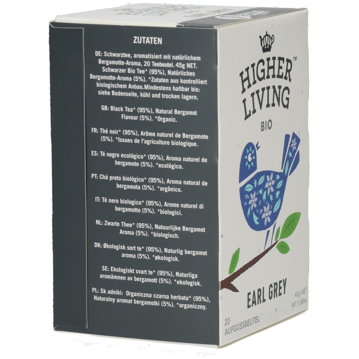 Kartonverpackung mit Zutatenliste in verschiedenen Sprachen. Enthält "Higher Living BIO Earl Grey".