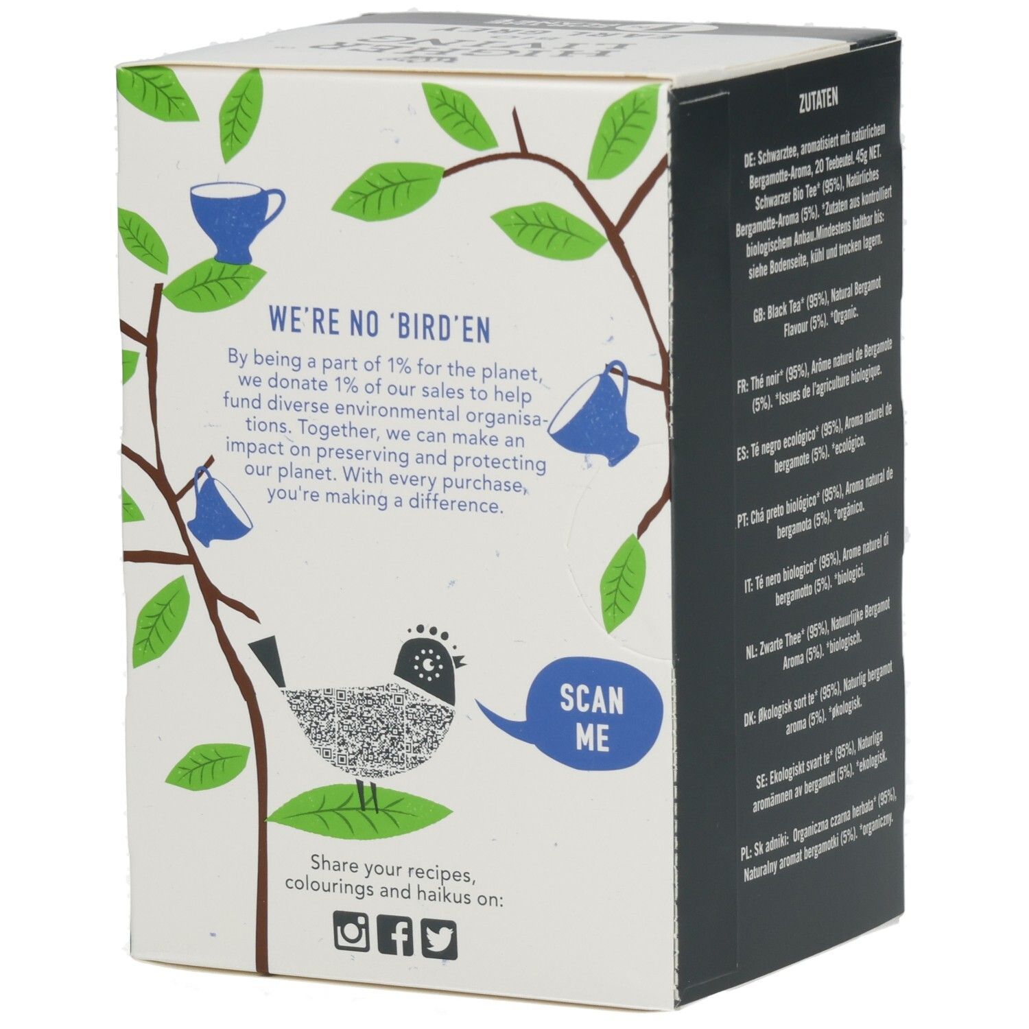 Rückseite der Kartonverpackung mit Text und Illustrationen. Enthält "Scan Me" und Social-Media-Icons.