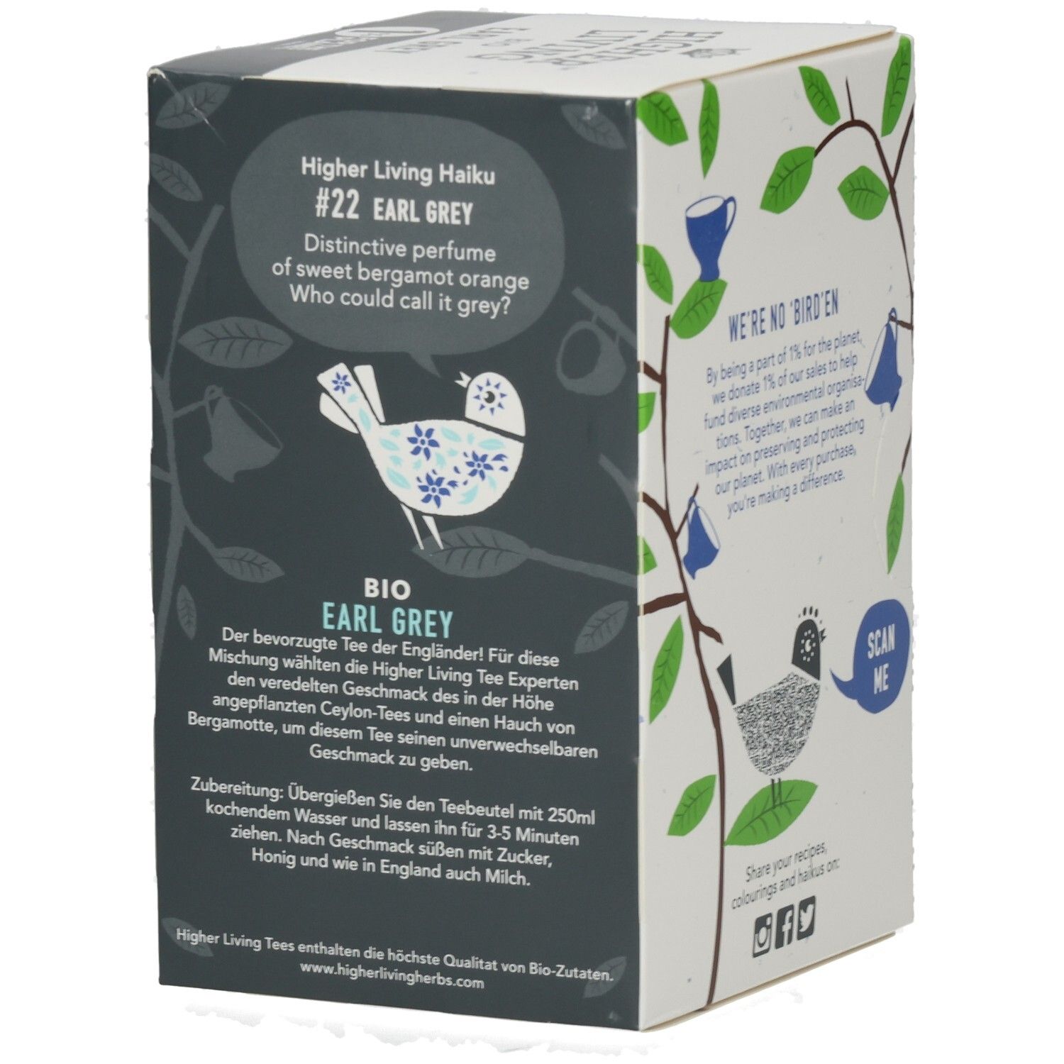 Kartonverpackung mit Text und Illustrationen. Enthält "Higher Living Haiku #22 Earl Grey" und Vogel-Illustration.