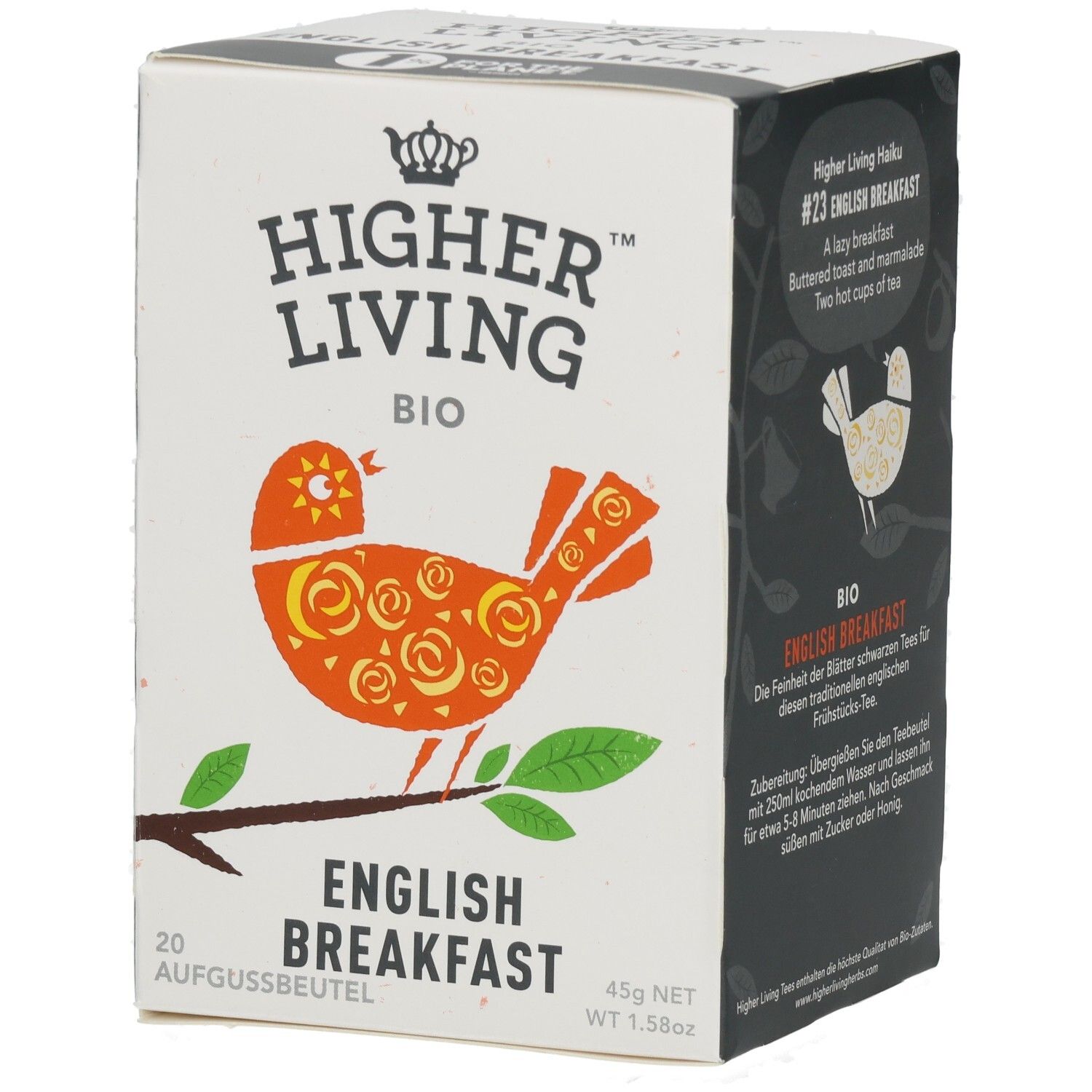 Boîte en carton avec impression. Contient 20 sachets. Logo : Higher Living Bio. Motif : oiseau sur une branche.