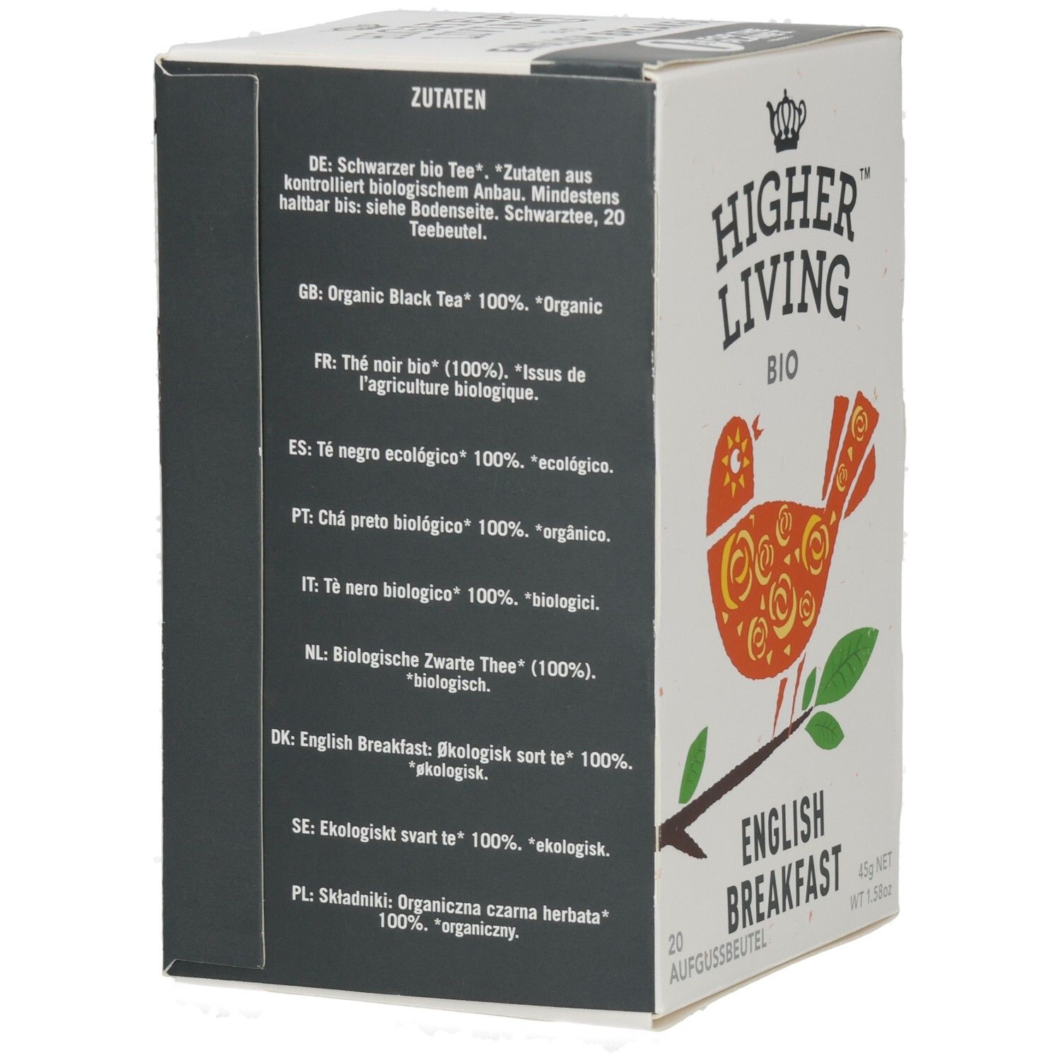 Dos de l'emballage avec liste des ingrédients en plusieurs langues. Logo : Higher Living Bio. 20 sachets.