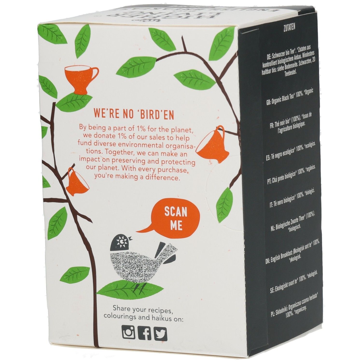 Emballage avec texte et illustrations. Texte : We're no Bird'en. Scan Me. Illustrations : tasses, oiseau.