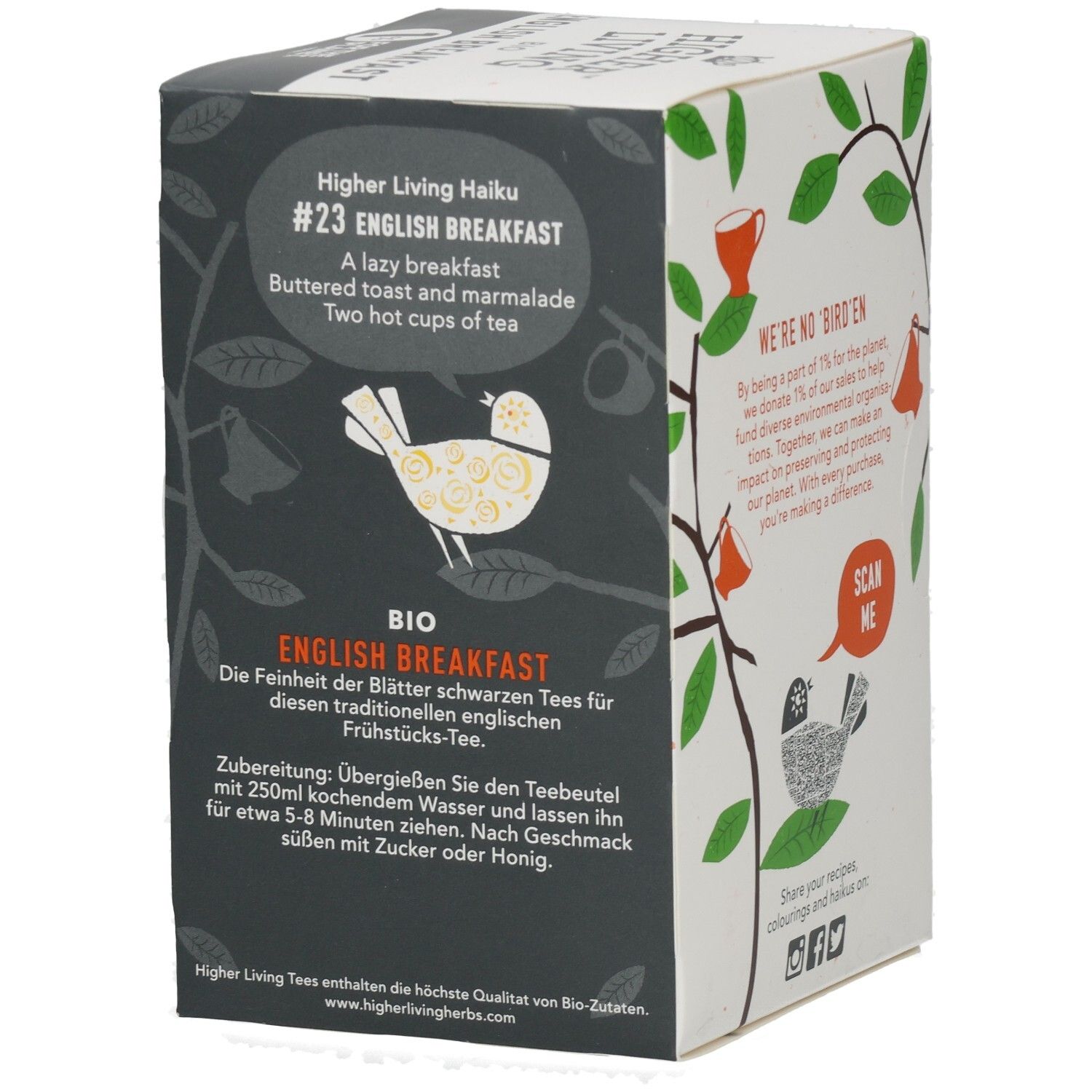 Emballage avec texte et illustrations. Texte : Higher Living Haiku #23 English Breakfast. Illustrations : oiseau, tasses.