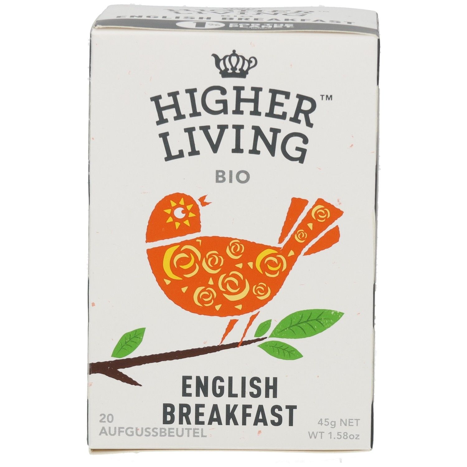 Boîte en carton avec impression. Contient 20 sachets. Logo : Higher Living Bio. Motif : oiseau sur une branche.
