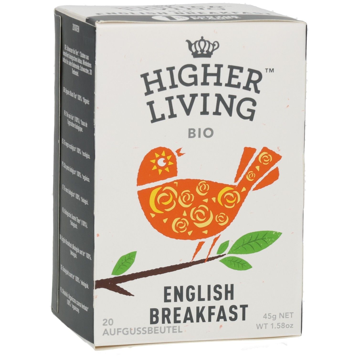 Boîte en carton avec impression. Contient 20 sachets. Logo : Higher Living Bio. Motif : oiseau sur une branche.