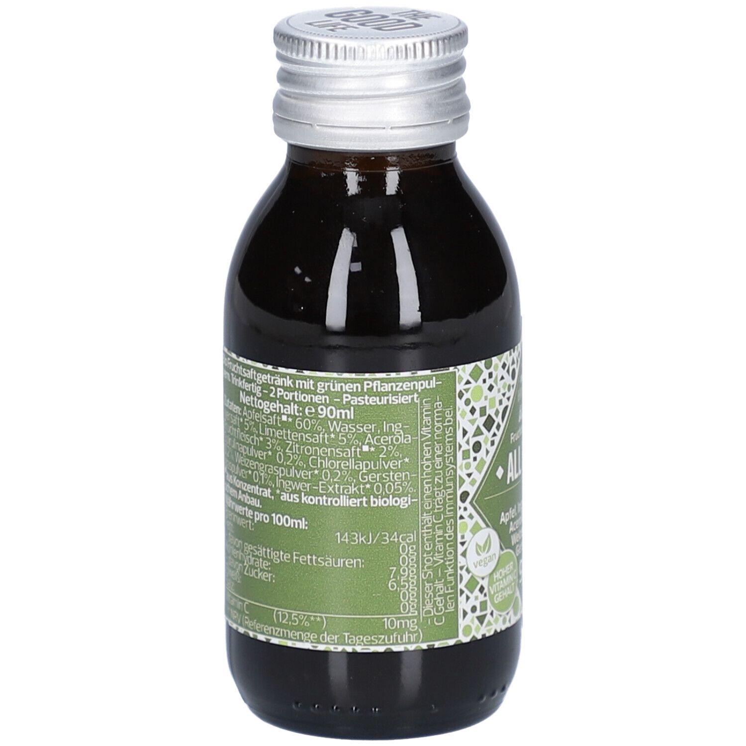 Dos de la bouteille en verre avec liquide vert. Étiquette avec liste d'ingrédients et informations nutritionnelles. Label végan.