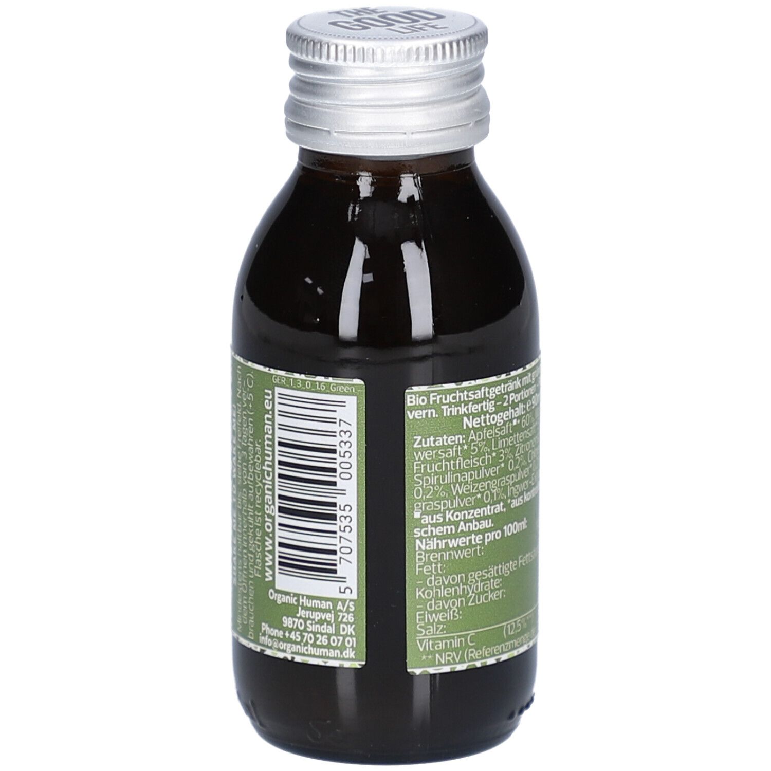 Dos de la bouteille en verre avec liquide vert. Code-barres et coordonnées. Étiquette verte avec texte.