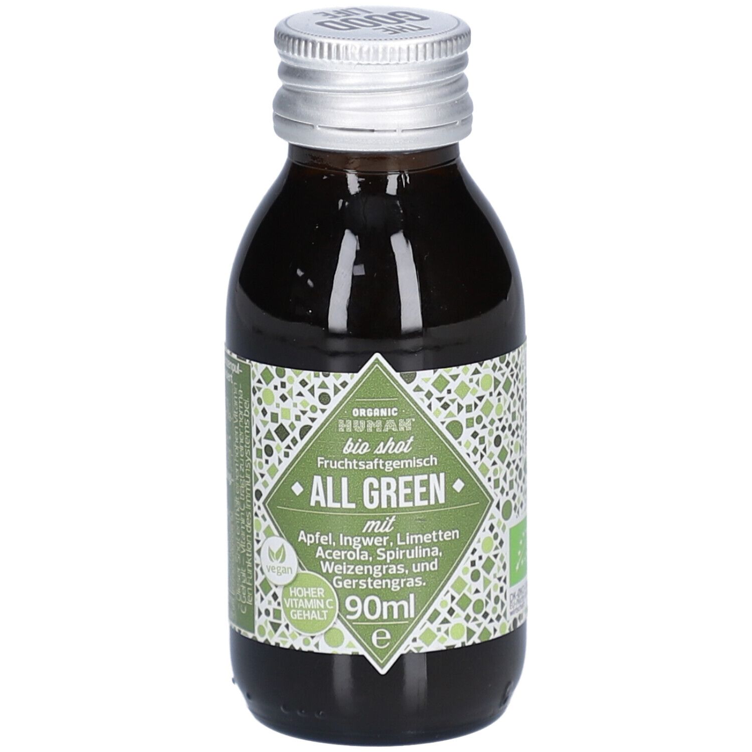 Petite bouteille en verre avec liquide vert. Étiquette "ALL GREEN" et ingrédients. 90ml. Bouchon argenté.