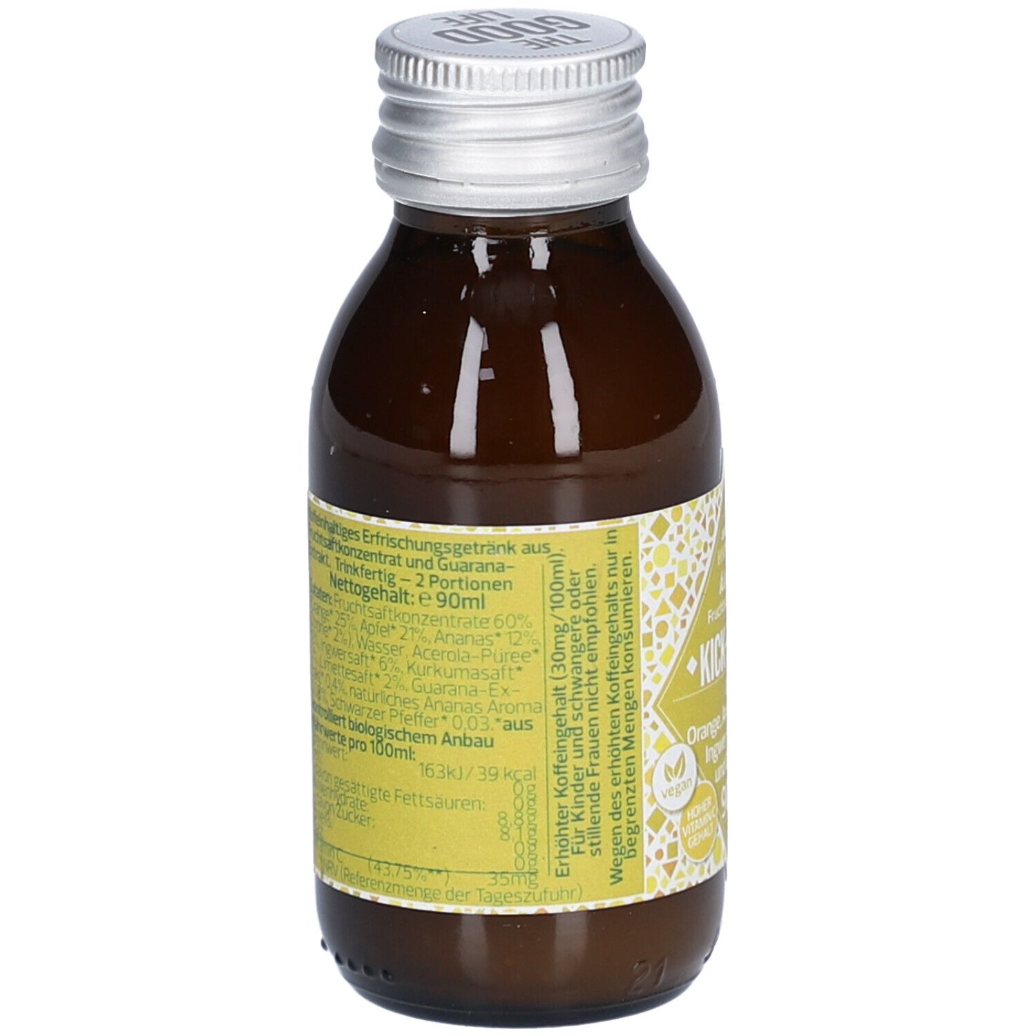 Rückseite der braunen Glasflasche. Etikett mit Nährwertangaben und Inhaltsstoffen. Vegan-Siegel.