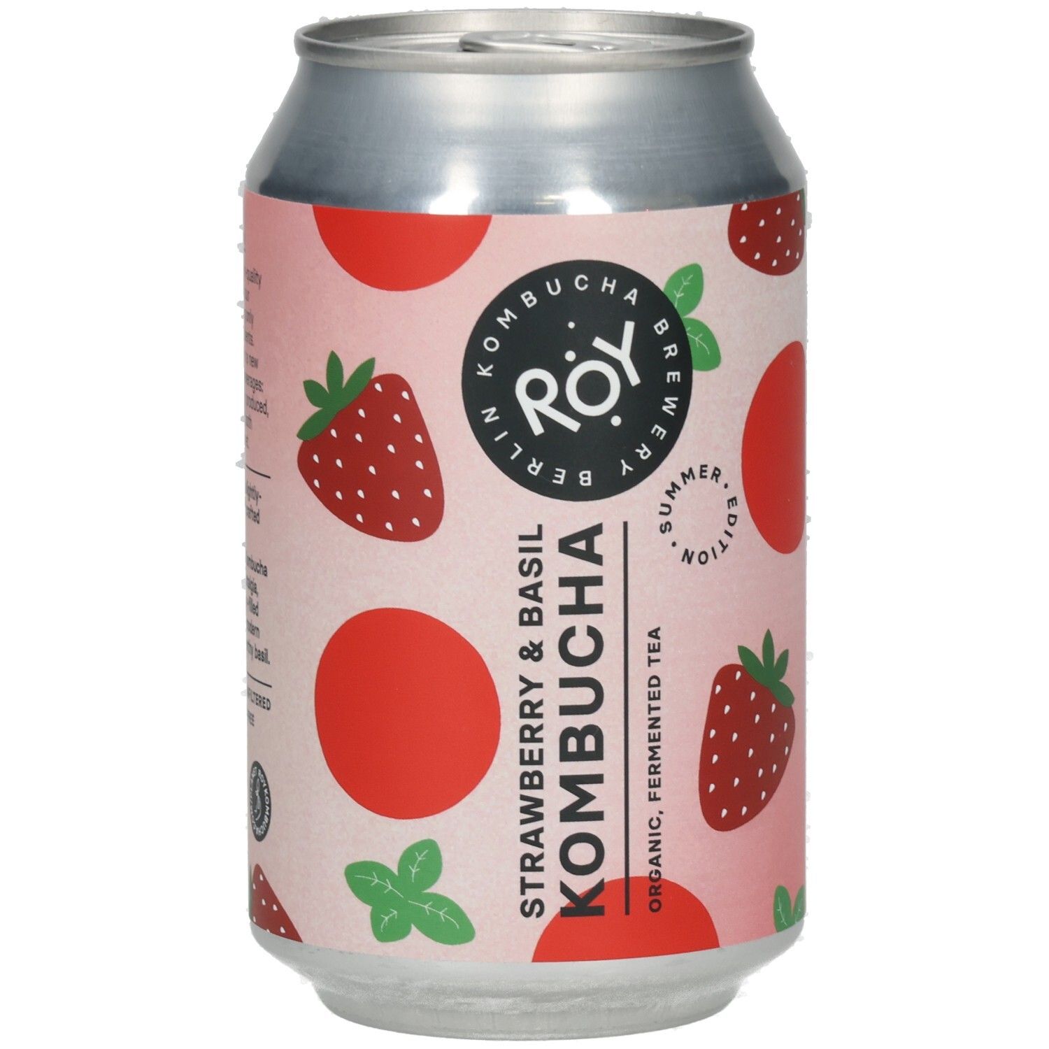 Kombucha-Dose mit Erdbeer- und Basilikum-Motiv. Aufschrift: ROY, Kombucha, Erdbeere & Basilikum, Summer Edition.