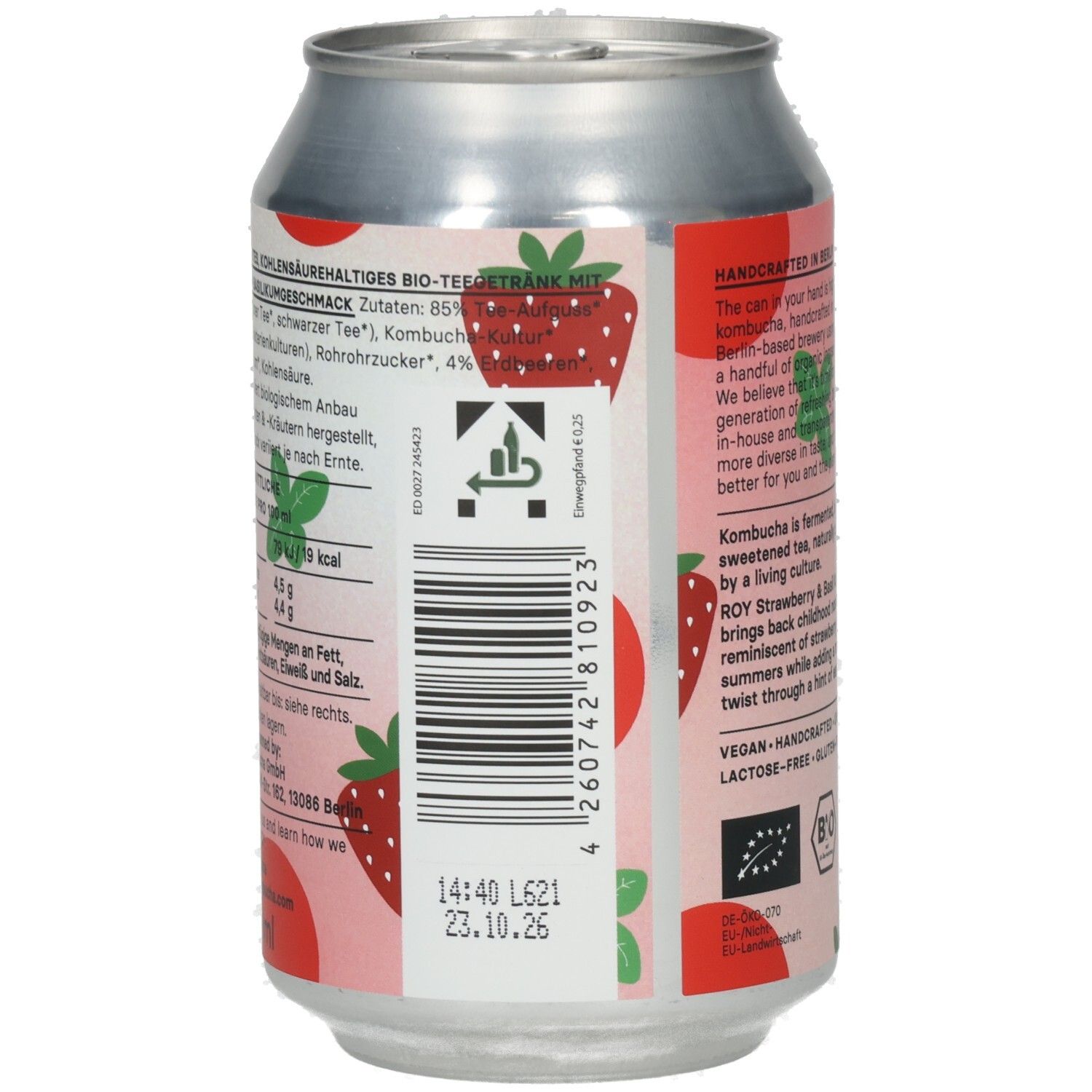 Kombucha-Dose mit Zutatenliste und Nährwertangaben. Barcode und Mindesthaltbarkeitsdatum: 23.10.26.