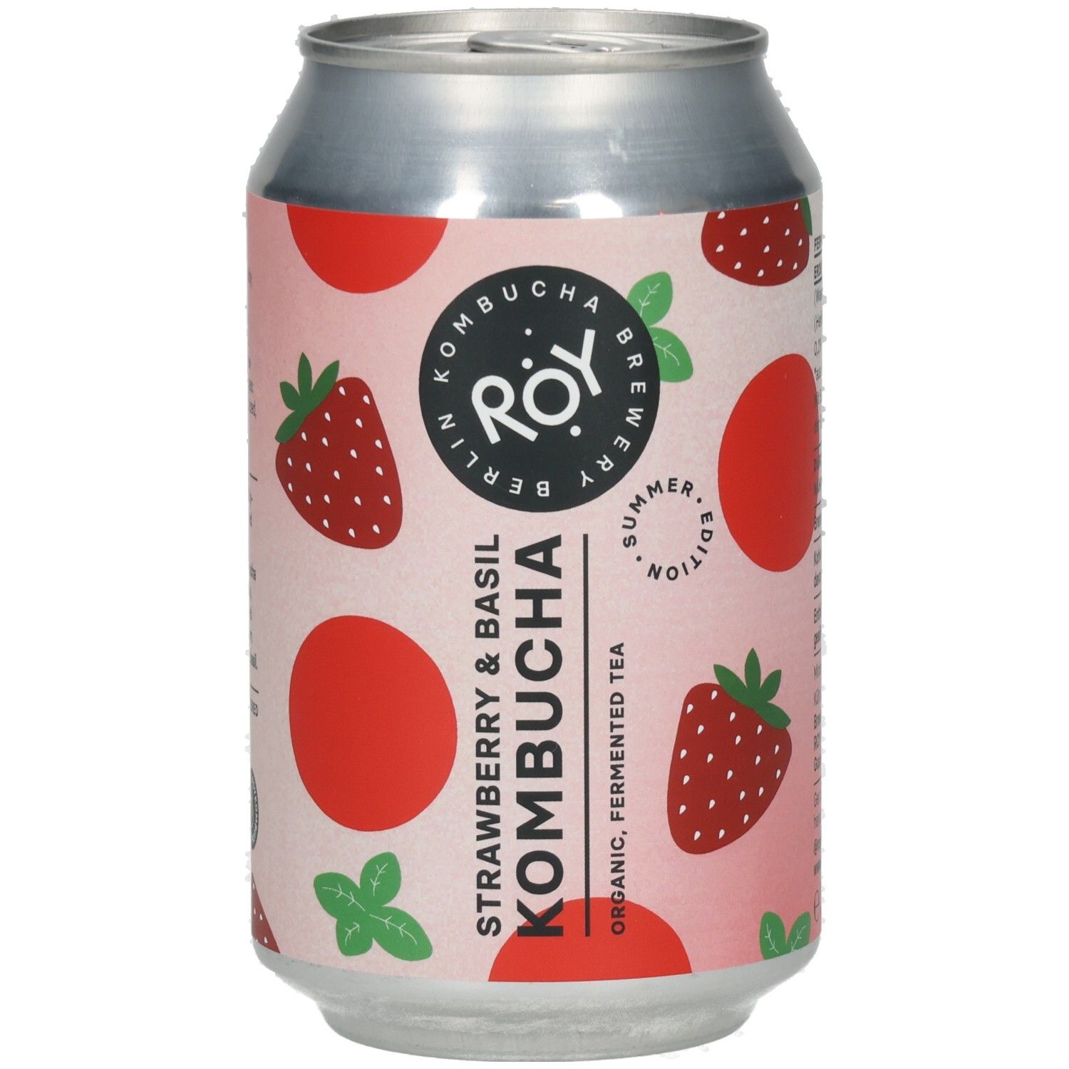 Kombucha-Dose mit Erdbeer- und Basilikum-Motiv. Aufschrift: ROY, Kombucha, Erdbeere & Basilikum, Summer Edition.