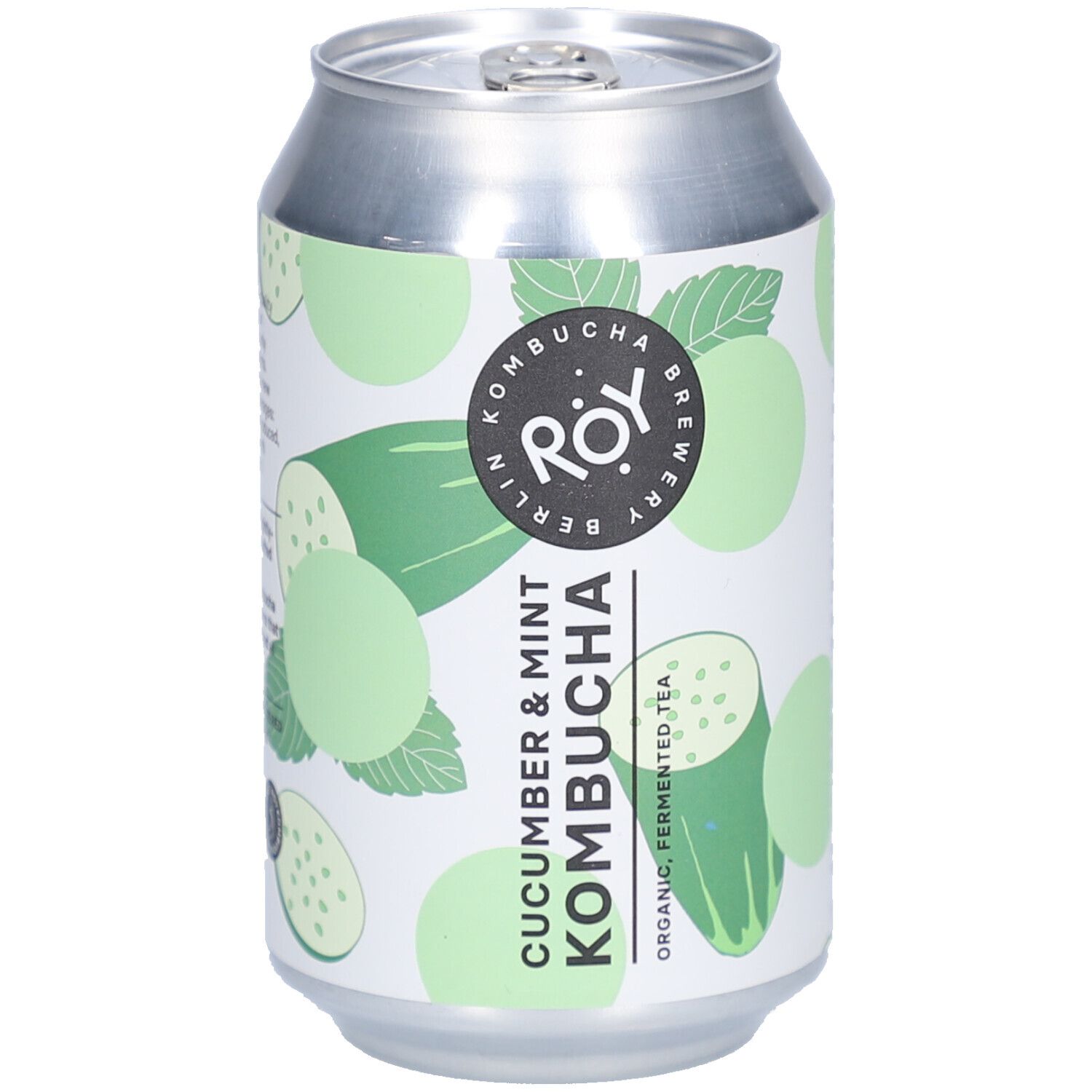 Canette de kombucha avec motifs de concombre et menthe. Logo ROY Berlin. Texte : Cucumber & Mint Kombucha.