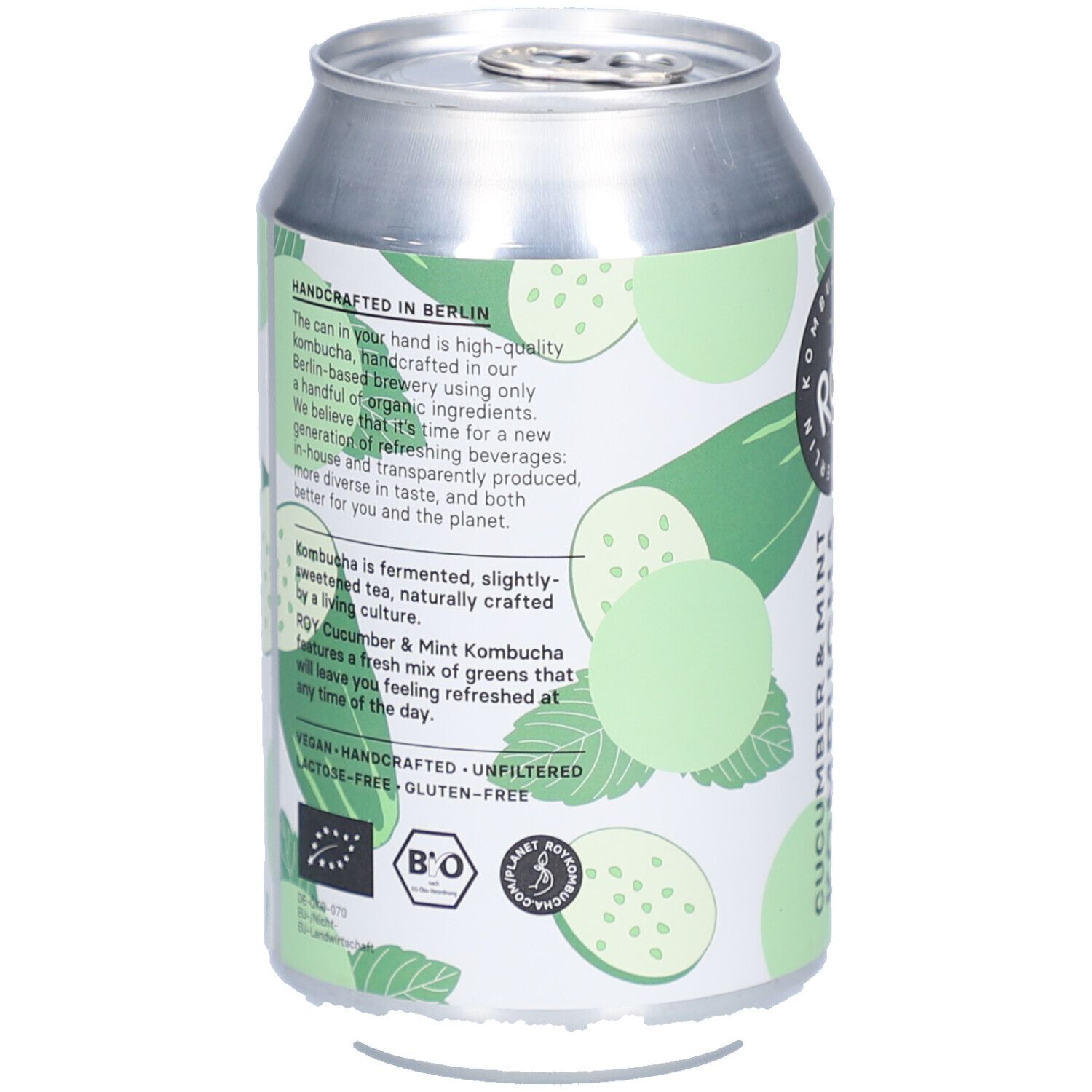 Dos de la canette de kombucha. Texte : Handcrafted in Berlin. Ingrédients, Vegan, Sans lactose, Sans gluten. Label bio.