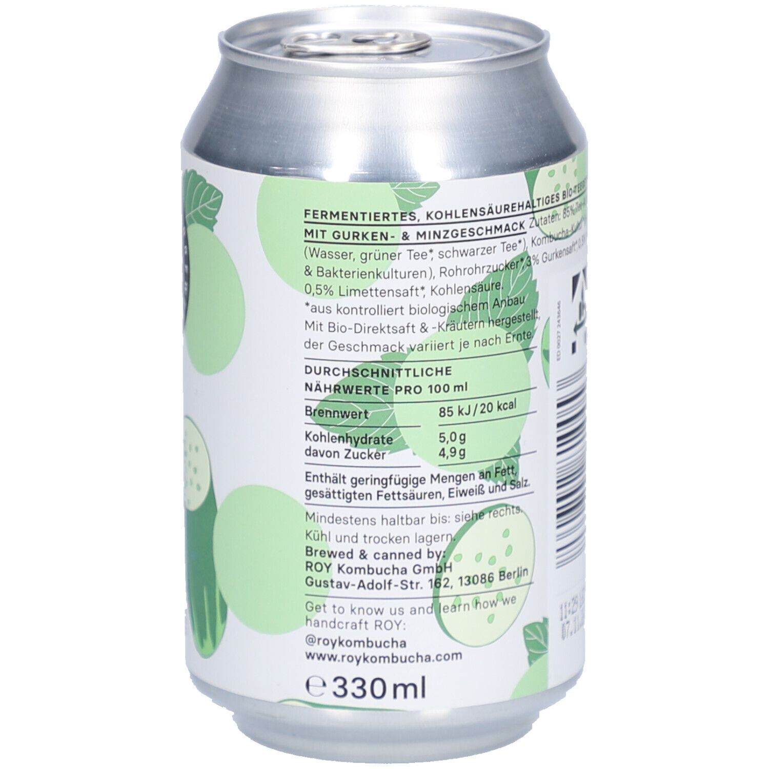 Dos de la canette de kombucha. Texte : Ingrédients, valeurs nutritionnelles, adresse. 330ml. ROY Berlin.