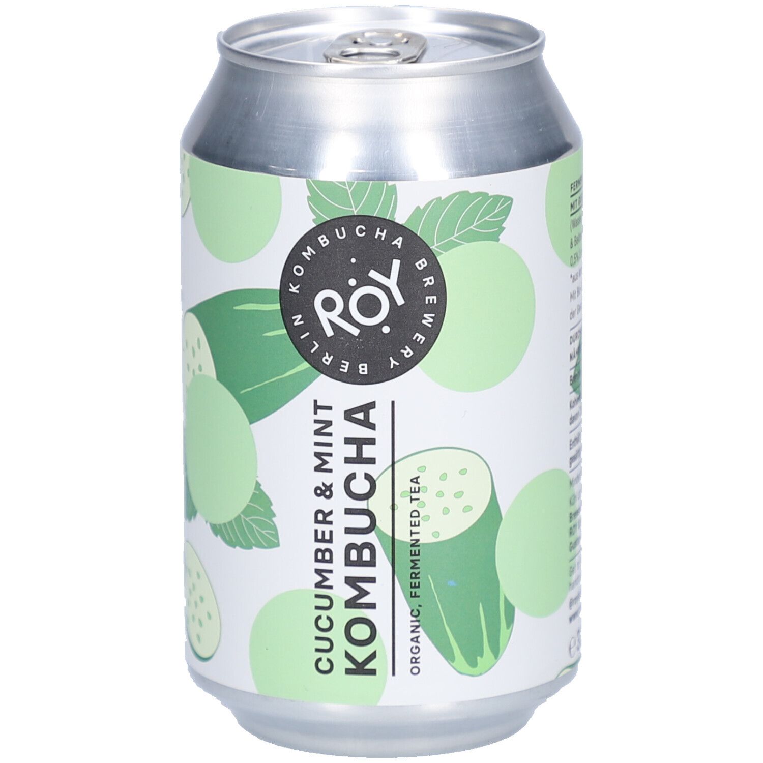 Canette de kombucha avec motifs de concombre et menthe. Logo ROY Berlin. Texte : Cucumber & Mint Kombucha.