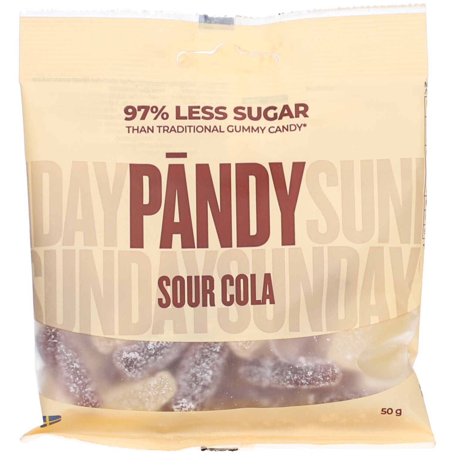 Sachet de bonbons gélifiés PÄNDY Sour Cola. Inscription : 97% moins de sucre. Contenu : 50g.