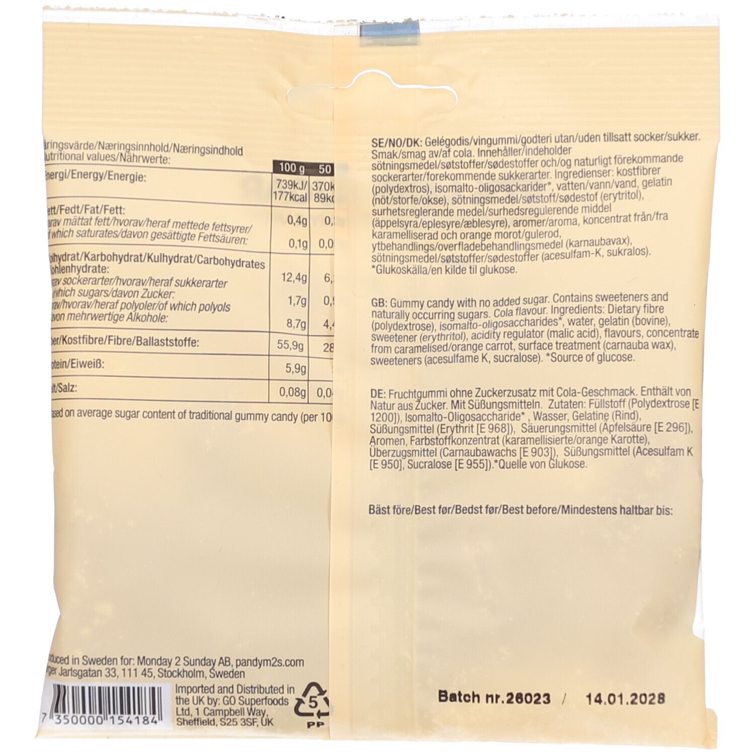 Dos du paquet PÄNDY Sour Cola. Contient les informations nutritionnelles et la liste des ingrédients.