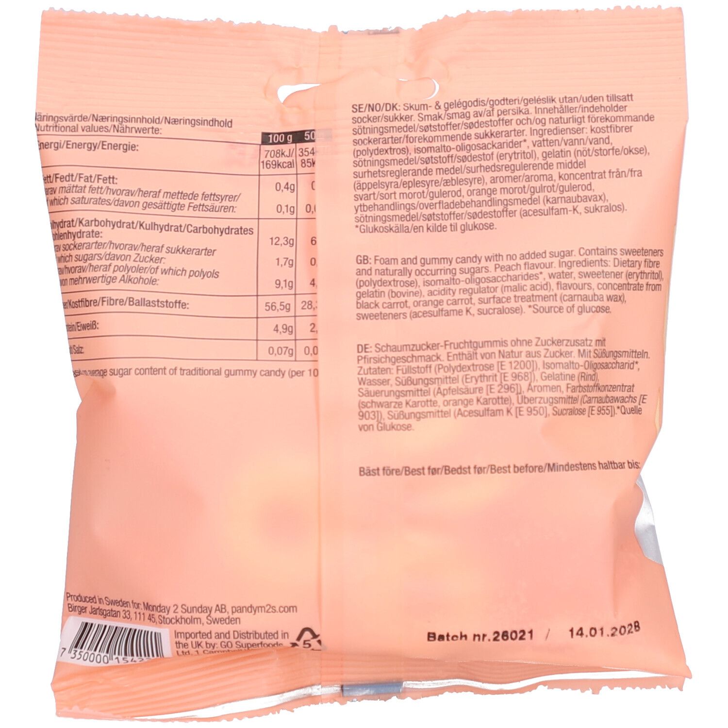 Rückseite der Peach Rings Verpackung. Enthält Nährwertangaben und Zutatenliste. Text in mehreren Sprachen. Mindesthaltbarkeitsdatum: 14.01.2028.