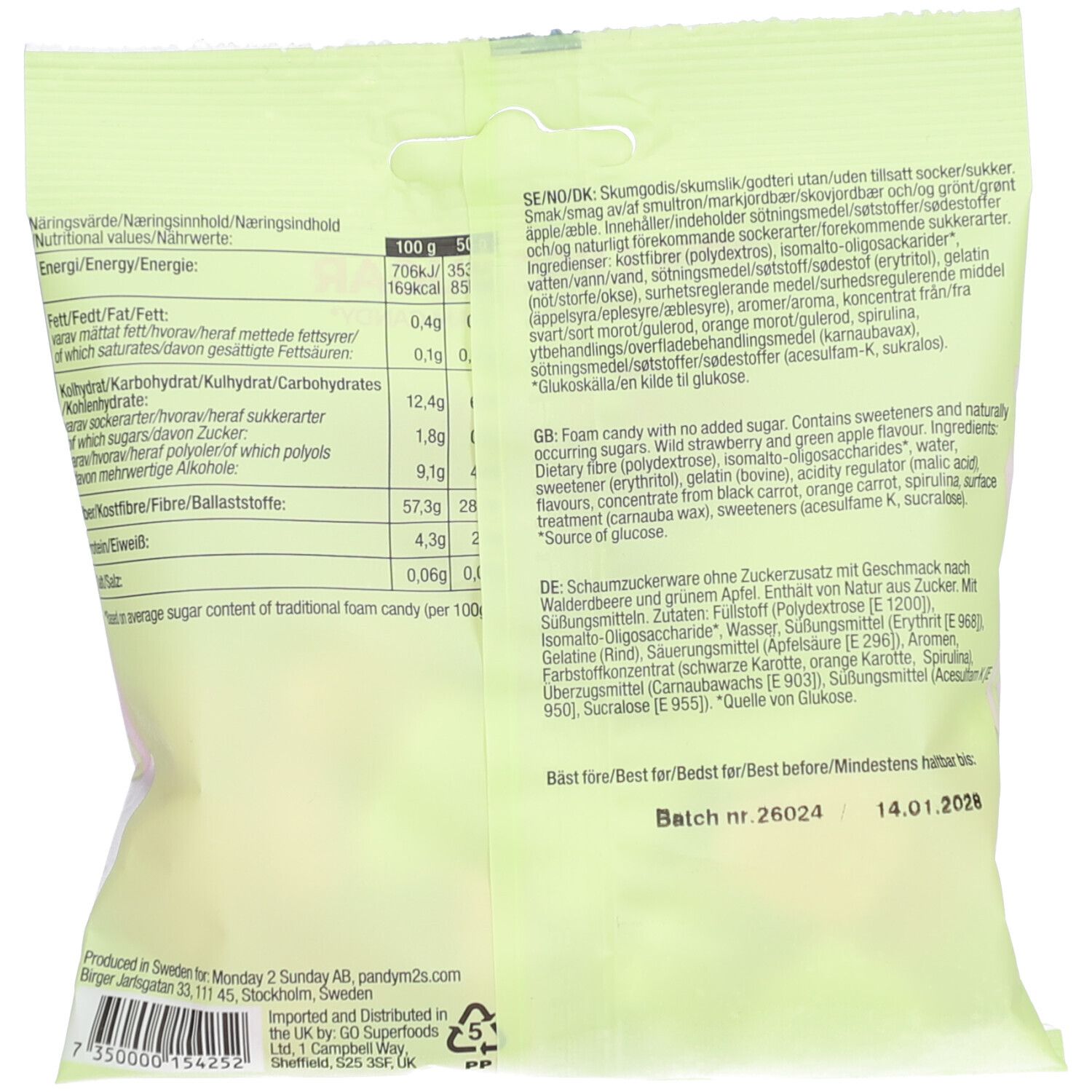 Rückseite der Verpackung mit Nährwertangaben und Zutatenliste. Text: PÄNDY Fluffy Clouds. Mindestens haltbar bis 14.01.2026.