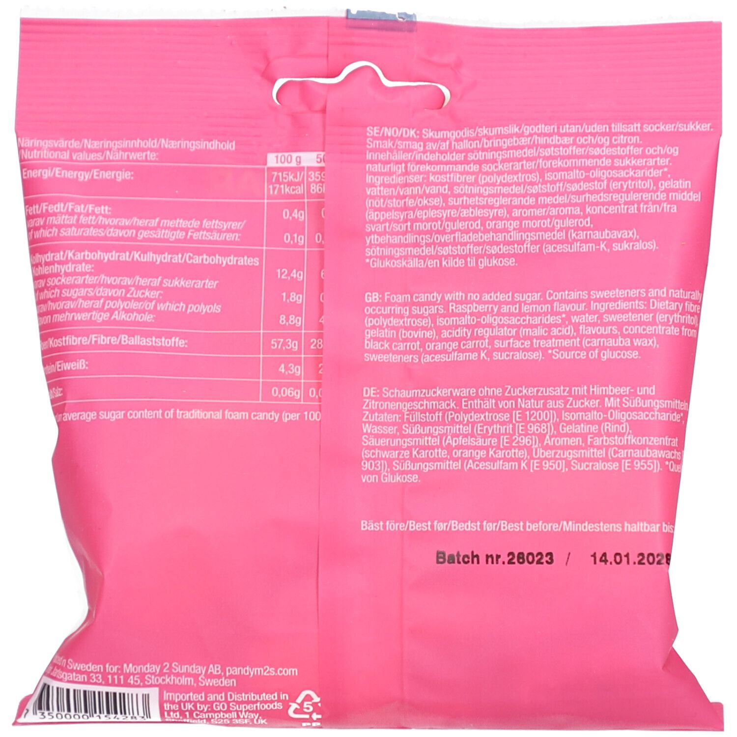 Rückseite der rosa Verpackung. Zutatenliste und Nährwertangaben. Mindestens haltbar bis 14.01.2021. Chargennummer 26023.