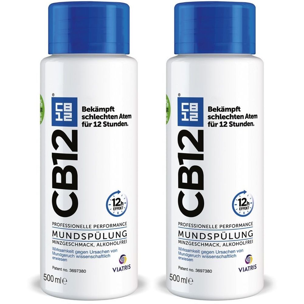 Deux flacons blancs avec bouchons bleus. Inscription CB12, bain de bouche, effet 12h. 500 ml.