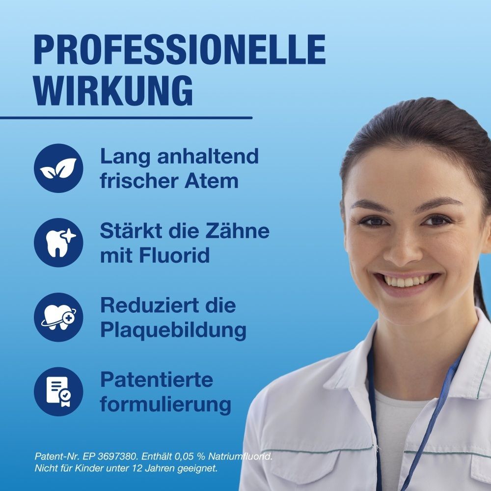 Action professionnelle : Haleine fraîche longue durée, renforce les dents avec fluorure, réduit la plaque.
