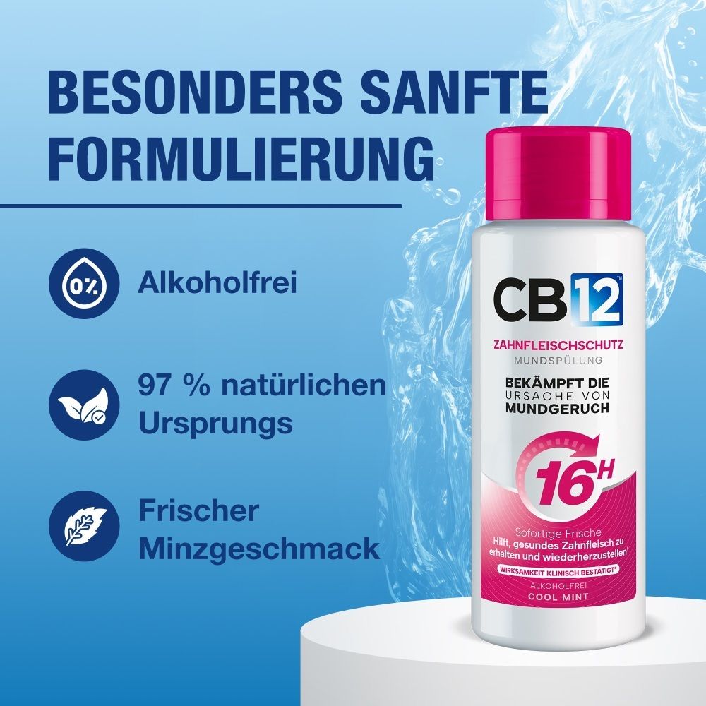 Bain de bouche CB12 : Formule particulièrement douce, sans alcool, 97% d'origine naturelle, goût menthe fraîche.