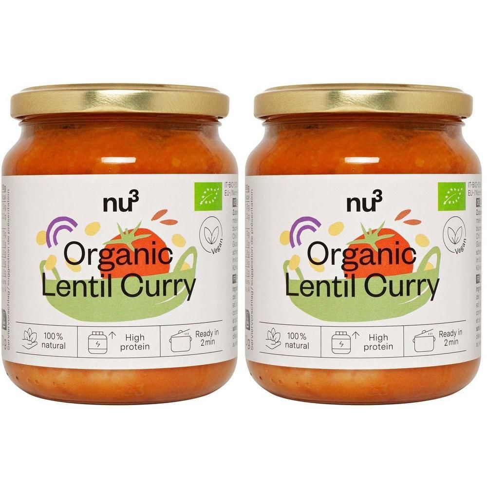 Deux pots de curry de lentilles bio nu3, l'un avec un autocollant "2=1".