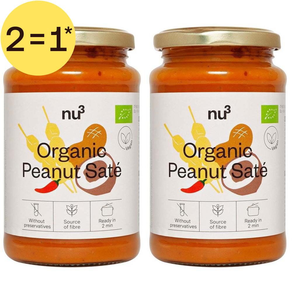 Deux pots de sauce saté bio aux cacahuètes nu3, dont un avec un autocollant jaune "2=1".