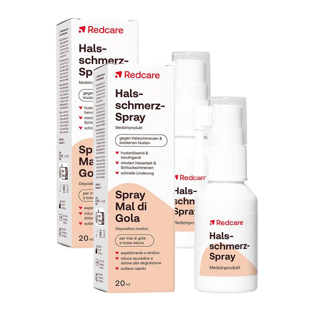 Plusieurs flacons et emballages de Redcare Halsschmerz-Spray. Flacons blancs avec vaporisateur et boîtes avec nom et informations.