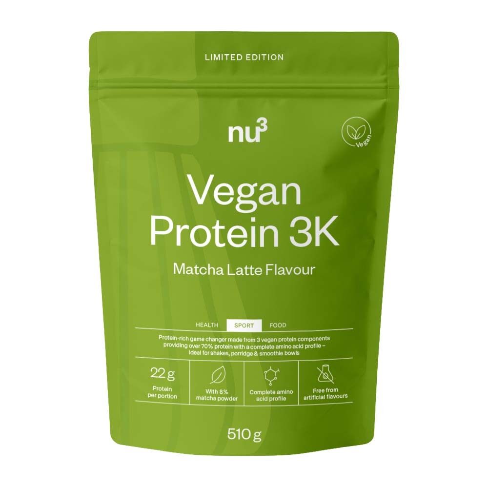 Emballage vert de nu3 Vegan Protein 3K Matcha Latte. Contient 510g. Inscription: Vegan Protein 3K, Matcha Latte Flavour.
