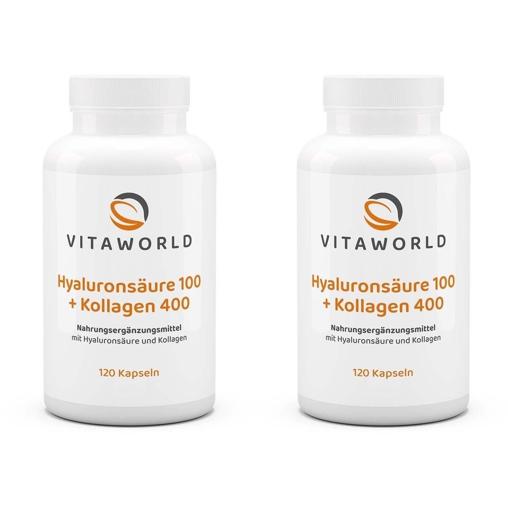 Deux flacons blancs avec étiquettes. Inscription : VITAWORLD, Hyaluronsäure 100 + Kollagen 400, 120 gélules. Complément alimentaire.