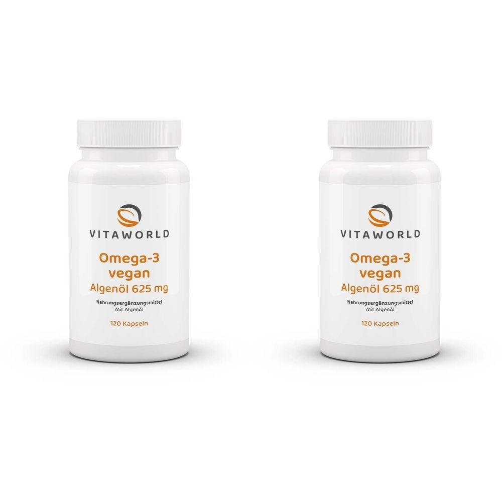 Deux flacons blancs avec bouchons à vis. Inscription : VITAWORLD, Omega-3 vegan Algenöl 625 mg. 120 capsules.