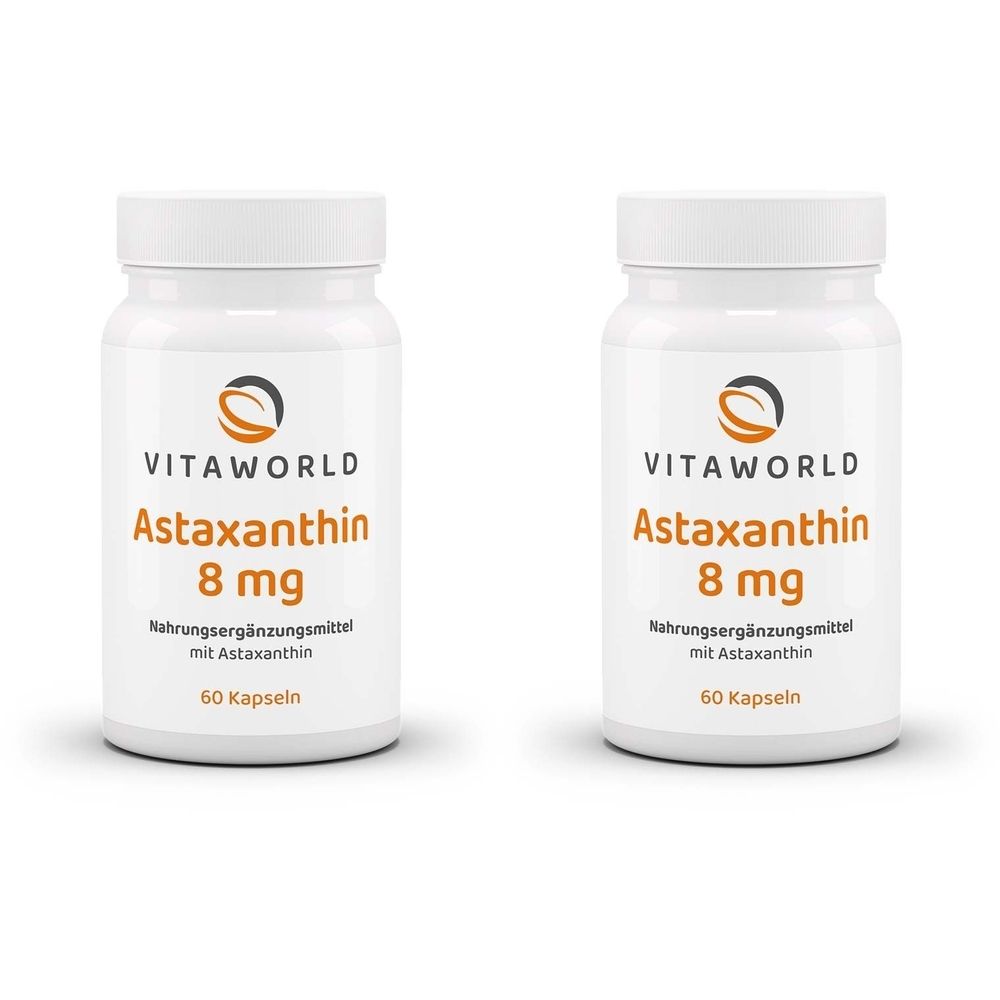 Zwei weiße Pillendosen mit Schraubverschluss. Aufschrift: VITAWORLD, Astaxanthin 8 mg, Nahrungsergänzungsmittel mit Astaxanthin, 60 Kapseln.