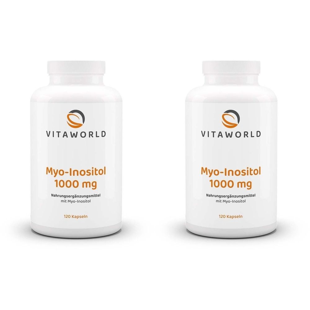 Deux flacons blancs avec étiquettes. Inscription : VITAWORLD, Myo-Inositol 1000 mg, complément alimentaire, 120 gélules.