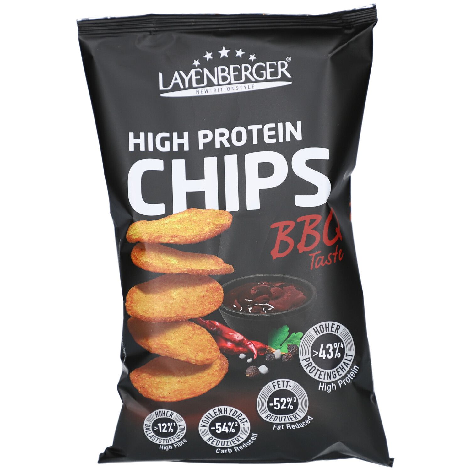 Schwarze Tüte mit Layenberger High Protein Chips BBQ. Chips-Abbildung, Text: High Protein Chips, BBQ Taste, 43% Protein, 12% Fett.
