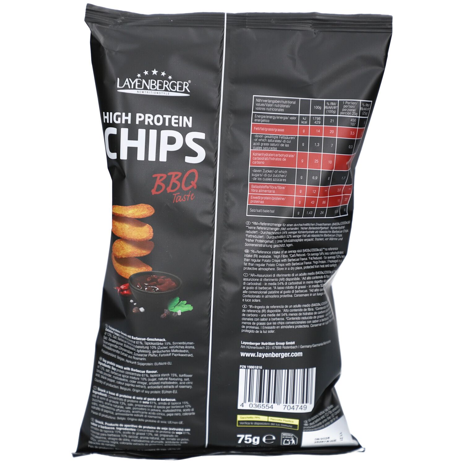 Rückseite der schwarzen Layenberger High Protein Chips BBQ Tüte. Text: High Protein Chips, BBQ Taste, Nährwertangaben, 75g.