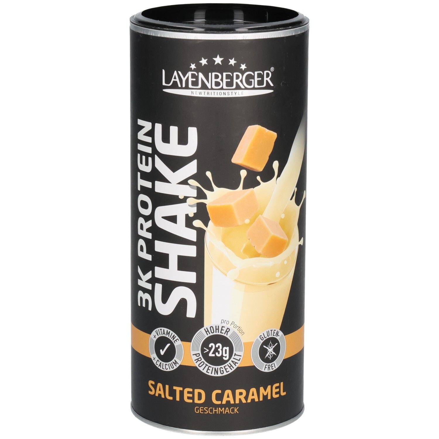 Boîte cylindrique Layenberger 3K Protein Shake Salted Caramel. Illustration avec shake, morceaux de caramel et logos.