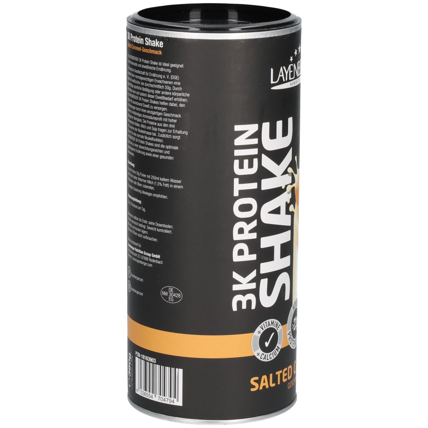 Boîte cylindrique Layenberger 3K Protein Shake. Dos avec texte, informations nutritionnelles et fabricant.