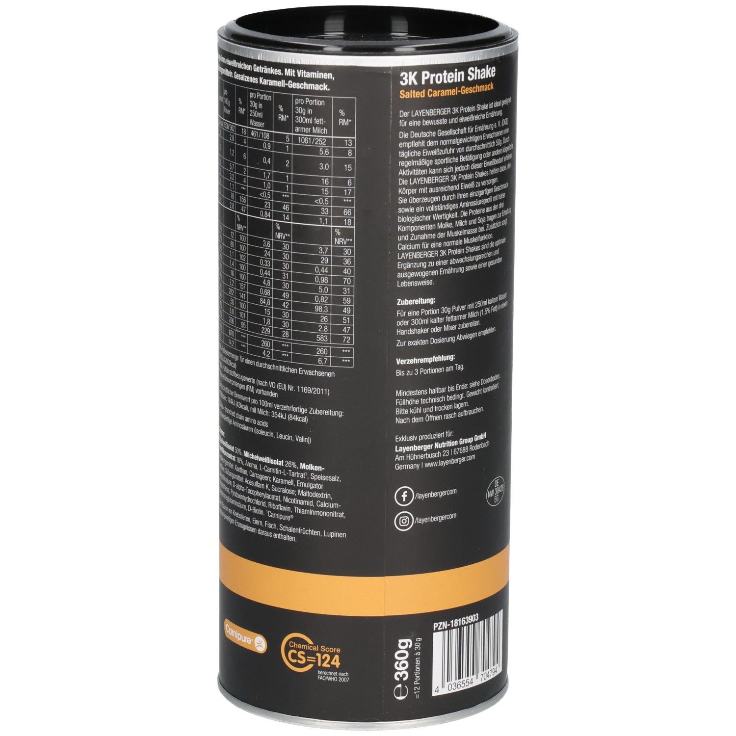 Boîte cylindrique Layenberger 3K Protein Shake. Vue détaillée du dos avec informations nutritionnelles et texte.