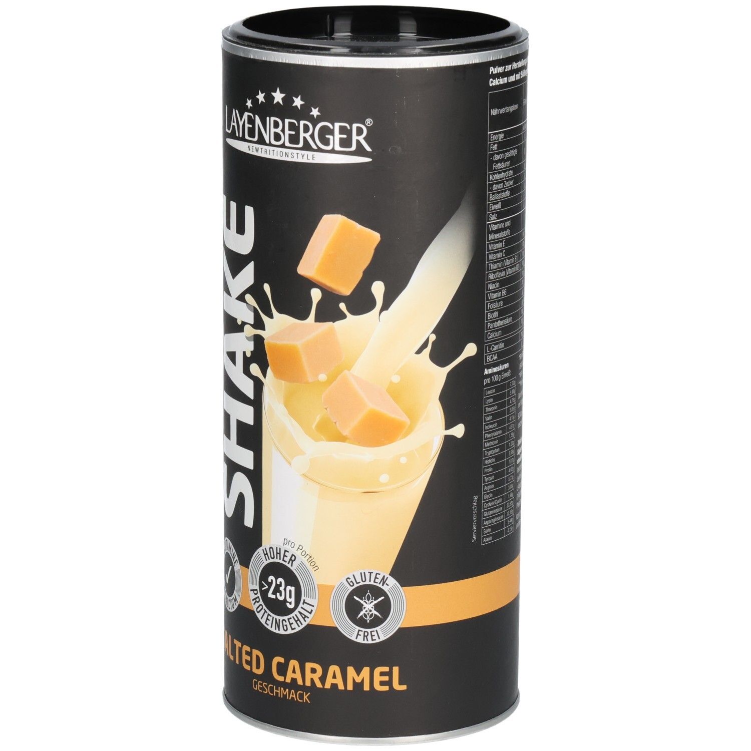 Boîte cylindrique Layenberger 3K Protein Shake Salted Caramel. Illustration avec shake, morceaux de caramel et logos.