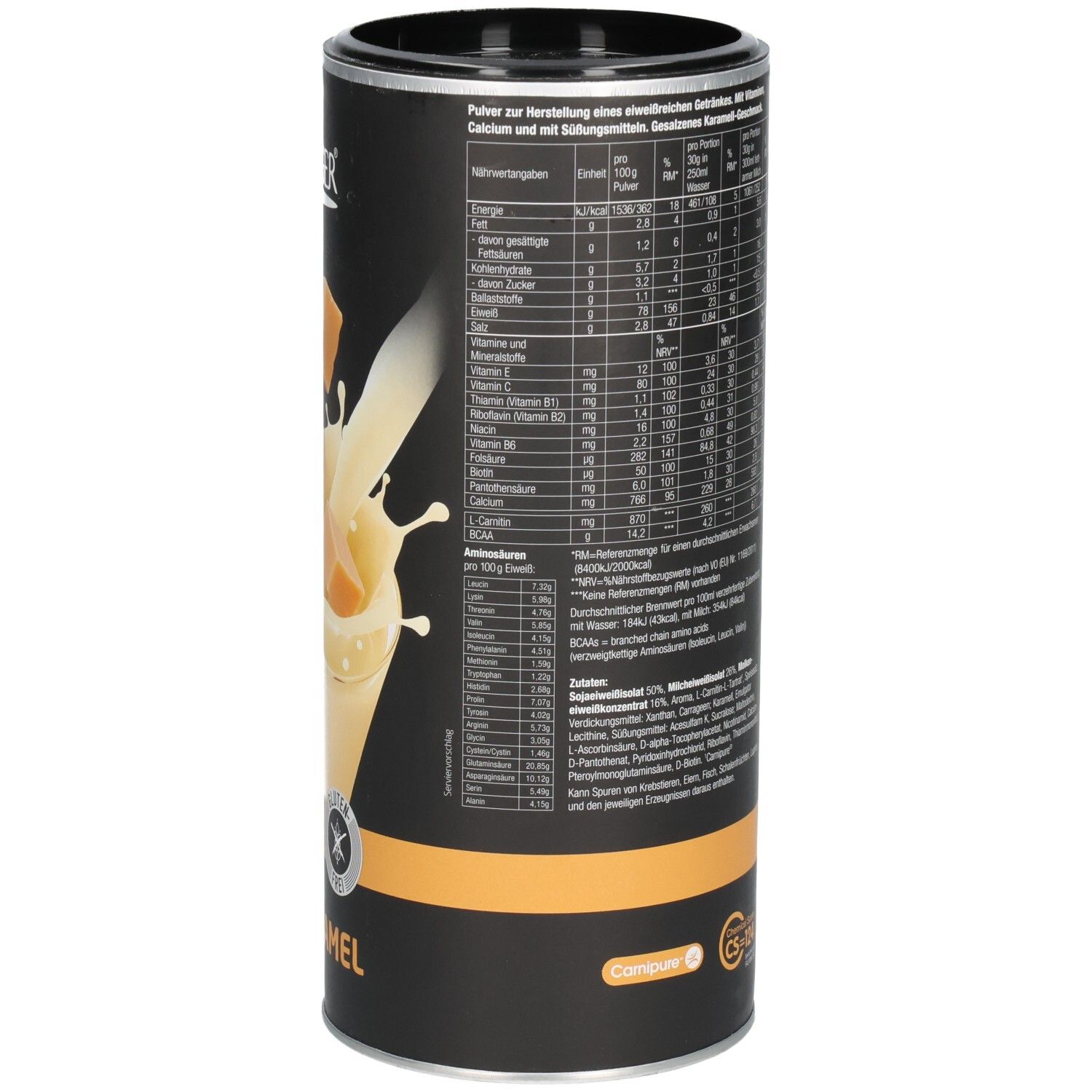 Boîte cylindrique Layenberger 3K Protein Shake. Vue détaillée du dos avec informations nutritionnelles et texte.