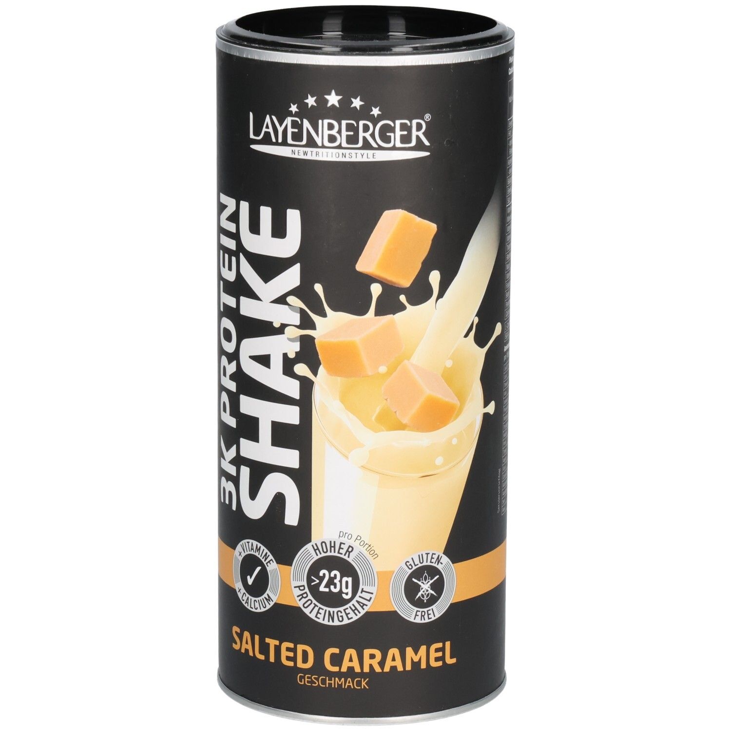 Boîte cylindrique Layenberger 3K Protein Shake Salted Caramel. Illustration avec shake, morceaux de caramel et logos.