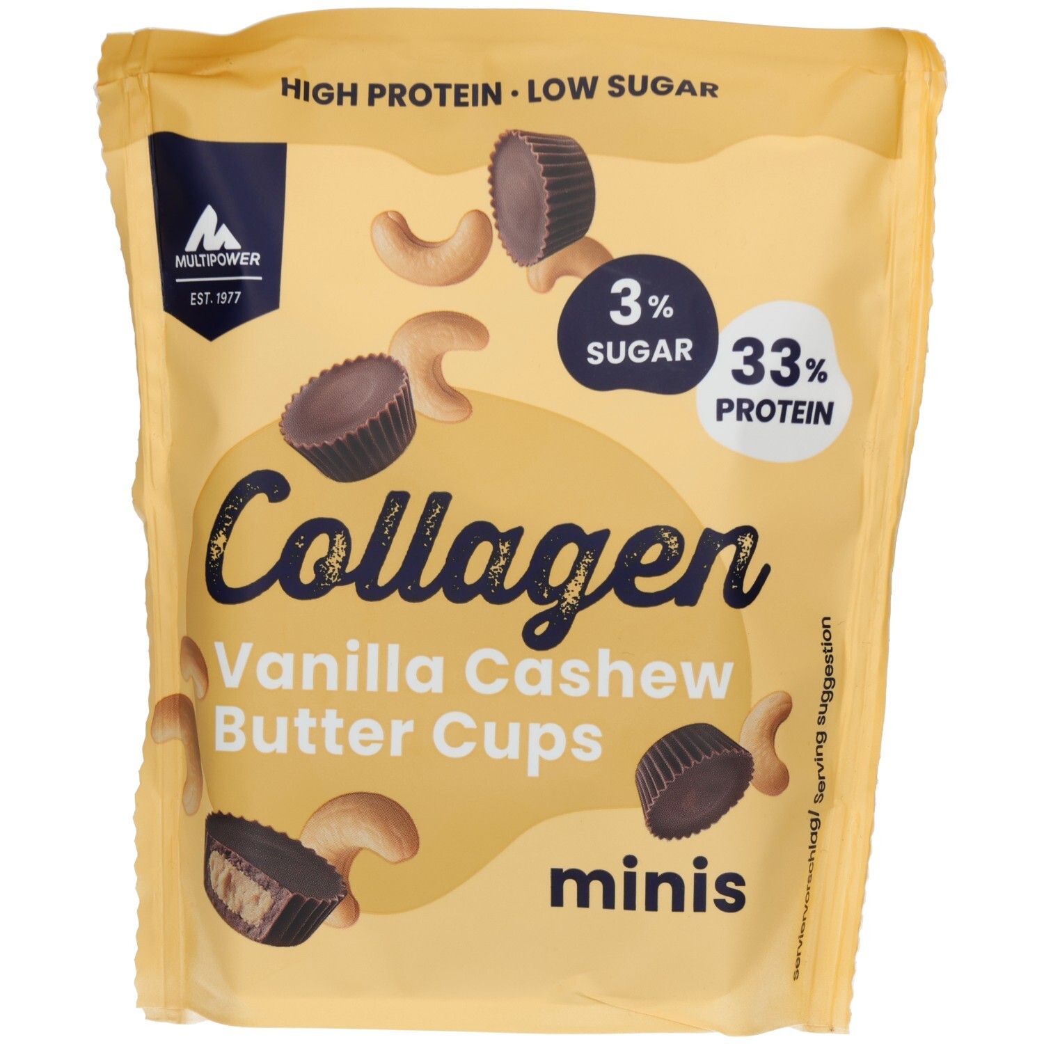 Beutel mit Kollagen Vanilla Cashew Butter Cups Minis. Aufdruck: 3% Zucker, 33% Protein. Cashewkerne und Cups abgebildet.